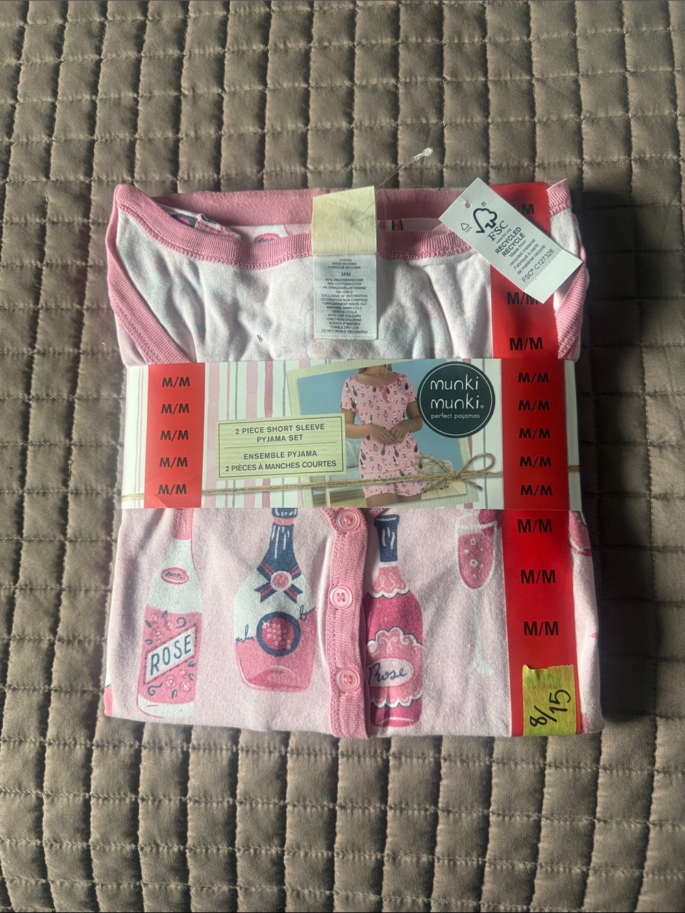 munki munki Pink Short Sleeve Pajama Set with Bottle & Rose Print